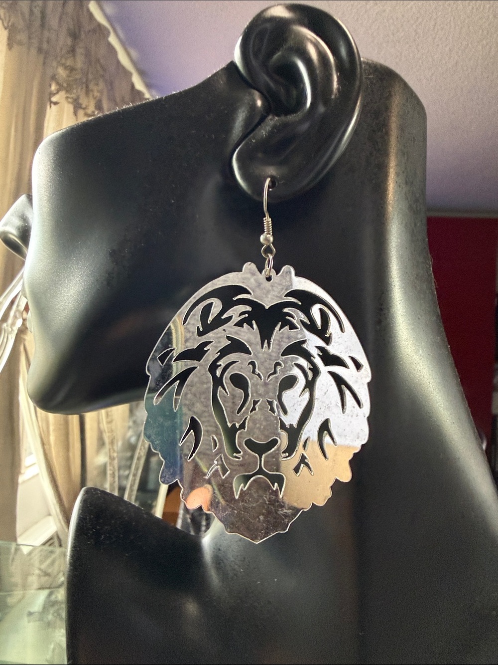 Silver -Mirror Lion Cutout Earrings from plastic